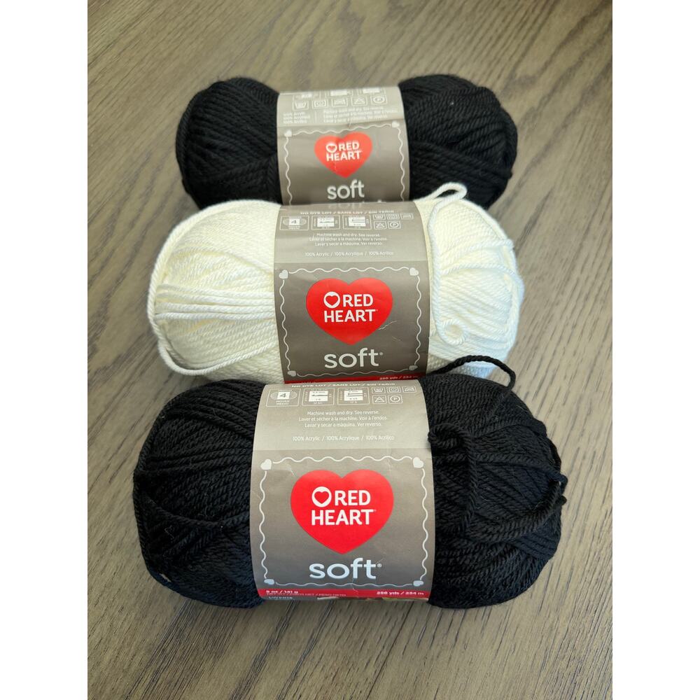 Red Heart Yarn Lot 3 Skeins Black White – 2 Full + 1 Partial Soft Essentials